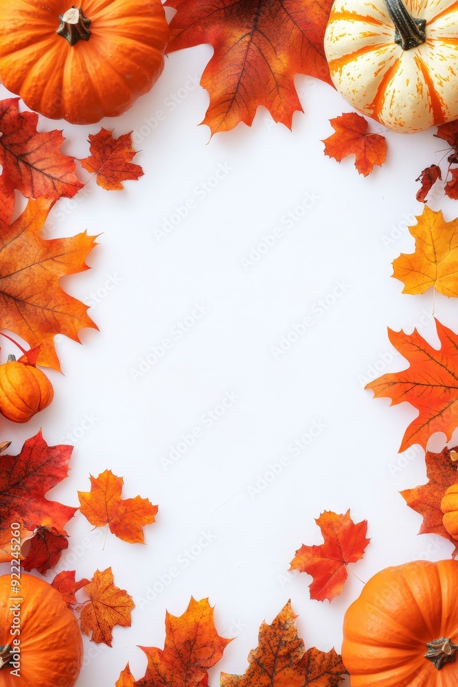 Fototapeta premium Vibrant Autumn Frame with Pumpkins and Leaves on White Background for Design with Copy Space - High Quality Symmetrical Flat Lay Composition