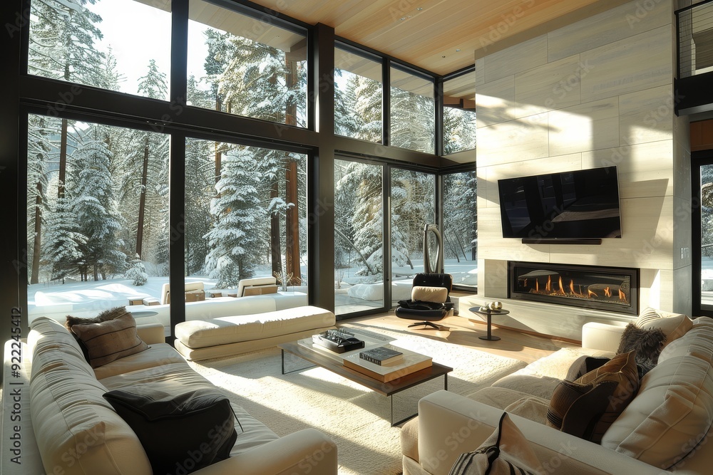 Fototapeta premium Modernist Living Room with Large Windows, Fireplace, Sofa Chairs, Snow-Covered California Forest View, Flat-Screen TV
