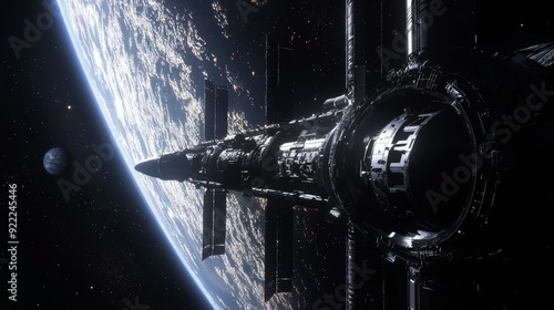 Fototapeta Naklejka Na Ścianę i Meble -  Spacecraft Docked at Space Station Orbiting Earth