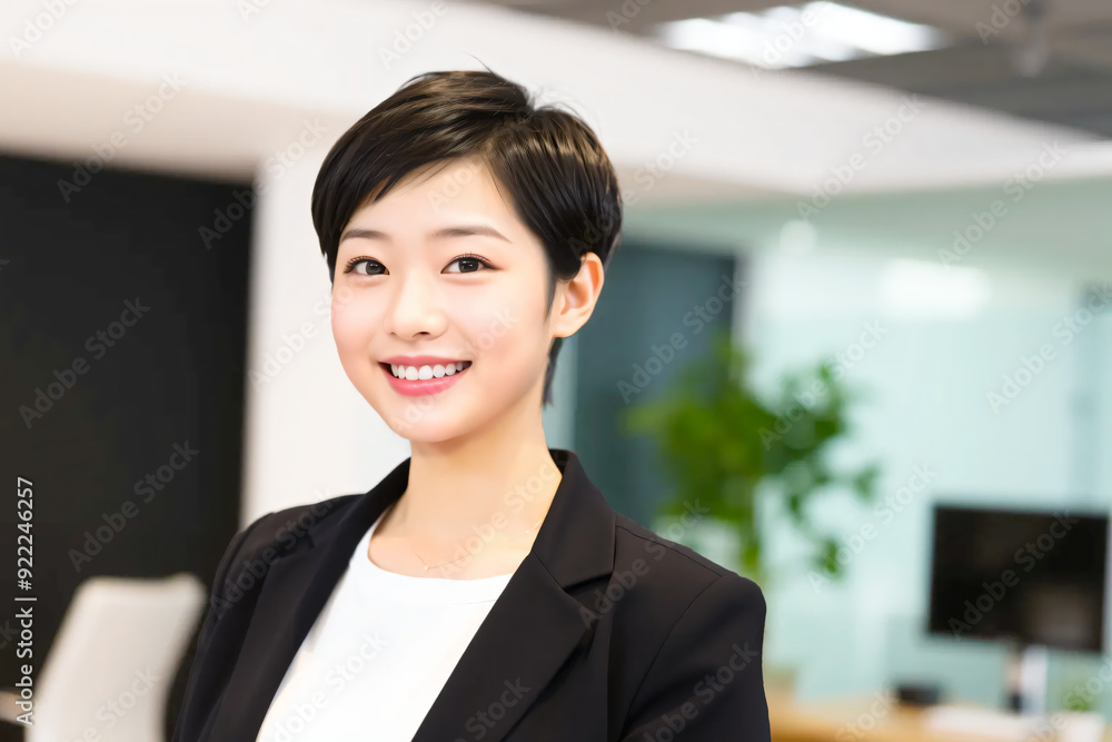 オフィスで笑顔を浮かべる美しい女性 オフィスで笑顔を浮かべる美しい女性