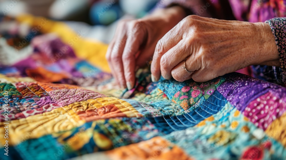 A person is carefully sewing a vibrant patchwork quilt, featuring intricate patterns and bright colors, in a cozy indoor environment. A person is carefully sewing a vibrant patchwork quilt, featuring intricate patterns and bright colors, in a cozy indoor environment.