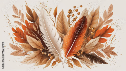 An artistic arrangement of autumn leaves and feathers in earthy tones, set against a white background. Represents nature and fall season concepts.