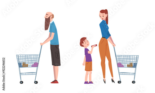 People with carts shopping in supermarket set cartoon vector illustration