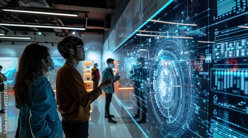 A quantum computing prototype displayed in a futuristic showroom, with visitors exploring its capabilities and potential applications.