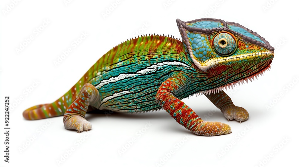 Obraz premium Colorful chameleon showcasing vibrant hues and intricate patterns, perfect for wildlife or nature-themed projects.