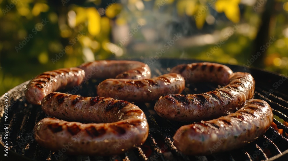 A group of sausages are cooking on a grill outside, AI A group of sausages are cooking on a grill outside, AI