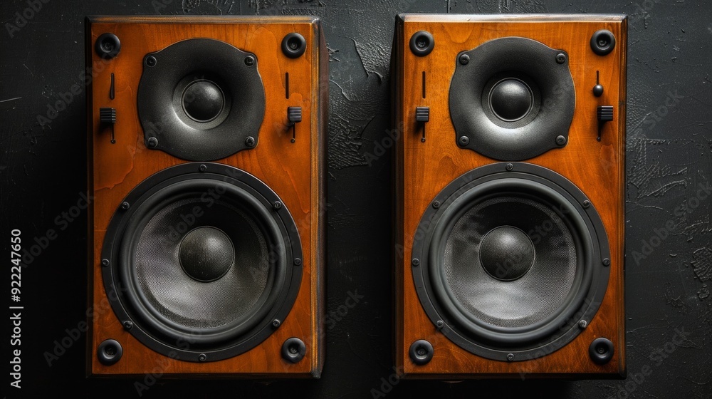 Two wooden speakers with black grills on a black background. Same size, rectangular shape, and 2 black cone structures in each. Two wooden speakers with black grills on a black background. Same size, rectangular shape, and 2 black cone structures in each.