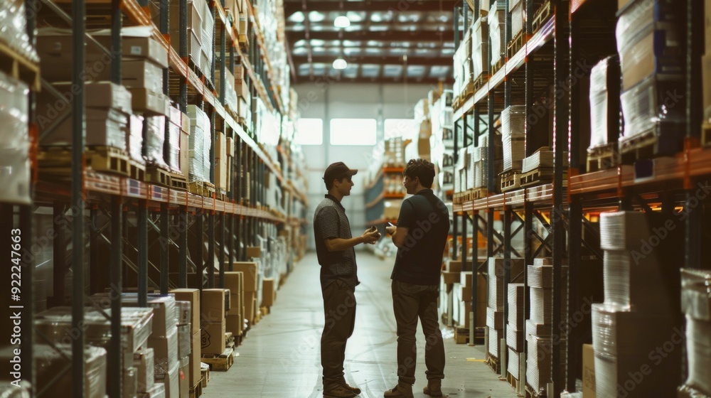 Two men in a warehouse talking, one of them with a mobile phone. Professional, organised environment with high racks full of boxes. Two men in a warehouse talking, one of them with a mobile phone. Professional, organised environment with high racks full of boxes.