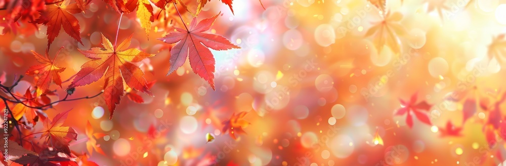 Close-up of vibrant red and orange maple leaves with bokeh background. Close-up of vibrant red and orange maple leaves with bokeh background.