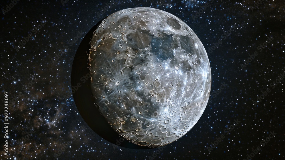 Fototapeta premium Detailed image of the full Moon with visible craters and maria against a dark starry background. Left side dark, right bright, stars add vastness. Moon's presence in space depicted.