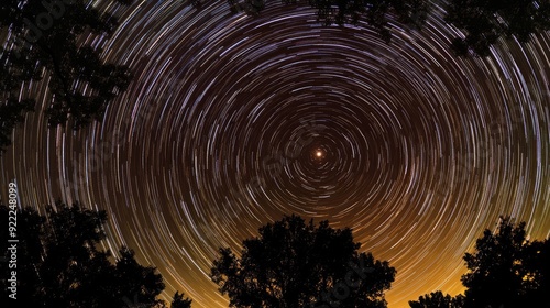 A time-lapse of star trails, showing the circular motion of stars around the North Star, with the Eartha??s rotation creating beautiful arcs in the sky photo