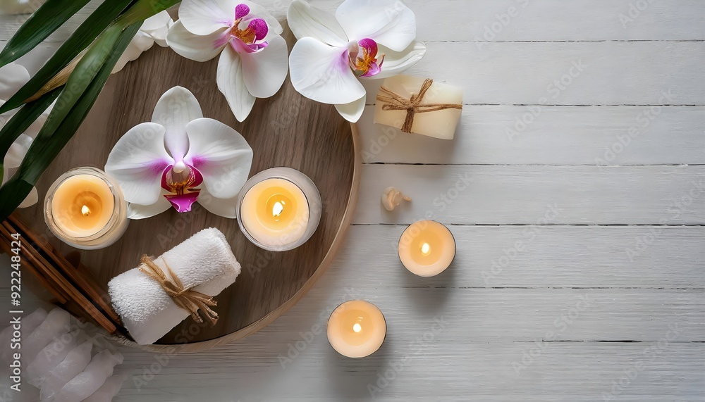 Top view candles,orchid,spa setting on white table. Top view candles,orchid,spa setting on white table.