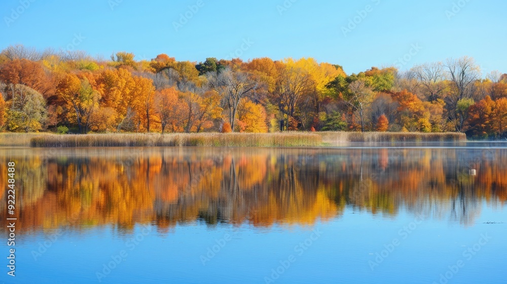 A serene autumn scene featuring a calm lake reflecting colorful foliage with orange, yellow, and red leaves, set against a clear blue sky in a peaceful setting. A serene autumn scene featuring a calm lake reflecting colorful foliage with orange, yellow, and red leaves, set against a clear blue sky in a peaceful setting.