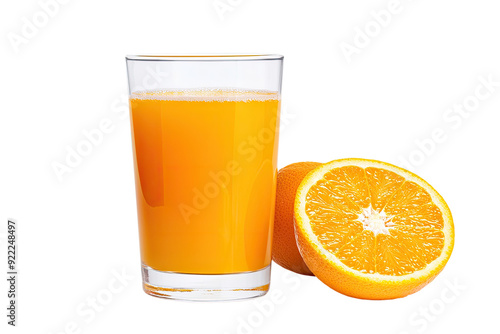 Fresh orange juice served in a glass, accompanied by a sliced orange, perfect for breakfast or a refreshing drink.