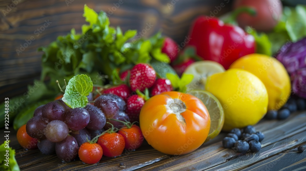 An assortment of fresh fruits and vegetables placed on a wooden background, highlighting their vibrant colors and natural textures, ideal for healthy eating themes. An assortment of fresh fruits and vegetables placed on a wooden background, highlighting their vibrant colors and natural textures, ideal for healthy eating themes.