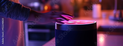 Close-Up of Person Controlling a Smart Speaker with Touch Interface in a Modern Kitchen photo