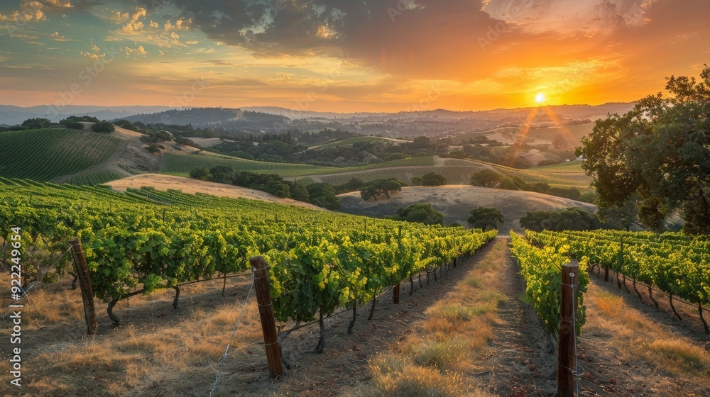 An enchanting golden sunset casting a warm glow over lush vineyard rows nestled in gently rolling hills, creating a serene and picturesque landscape scene. An enchanting golden sunset casting a warm glow over lush vineyard rows nestled in gently rolling hills, creating a serene and picturesque landscape scene.