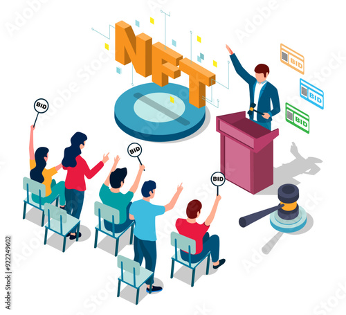 Seller and people audience with bid boards trading at crypto market auction vector illustration. Nft token blockchain virtual non fungible cryptocurrency business