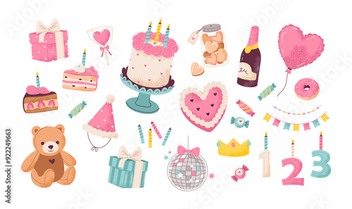 Birthday accessories. Flat vector illustration of a birthday party set featuring a teddy bear, candles, and decorations. Colorful balloon, a cake and gifts to any celebration or event