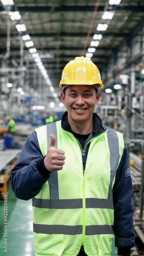 An asian man in a yellow vest is giving a thumbs up, worker in factory. An asian man in a yellow vest is giving a thumbs up, worker in factory.