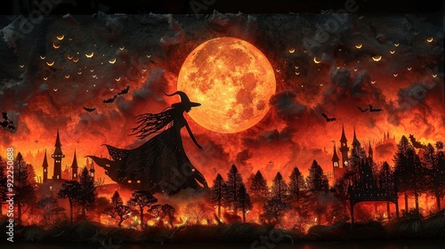 A Witch Flying Through a Fiery Forest and Red Moonlit Sky