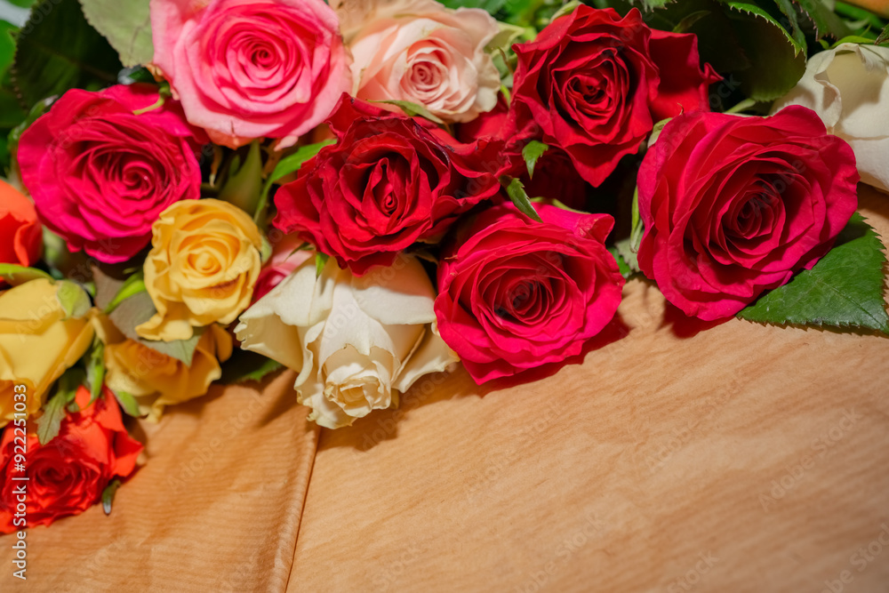 bouquet of colourful roses on kraft paper. Greeting card. Happy birthday card bouquet of colourful roses on kraft paper. Greeting card. Happy birthday card