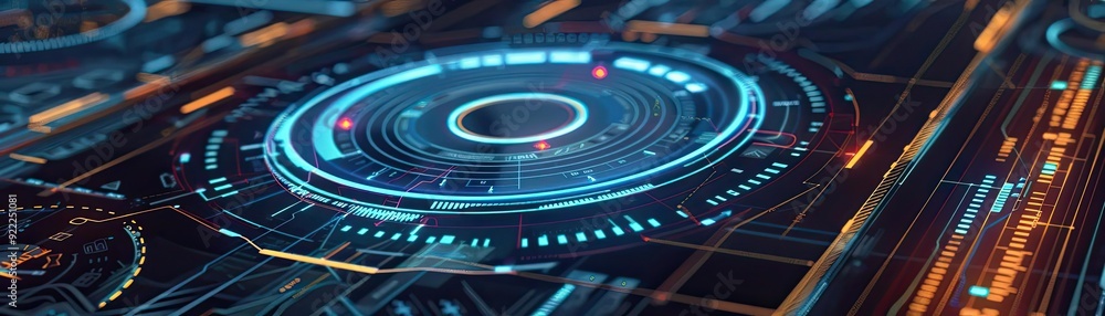 Futuristic digital interface displaying complex patterns and glowing elements, ideal for technology and innovation themes. Futuristic digital interface displaying complex patterns and glowing elements, ideal for technology and innovation themes.