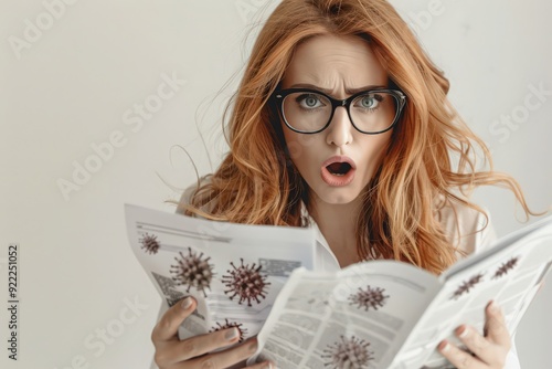 Woman with syringe in hand reading newspaper about vaccination and flu epidemic. Drawn viruses in newspaper. photo