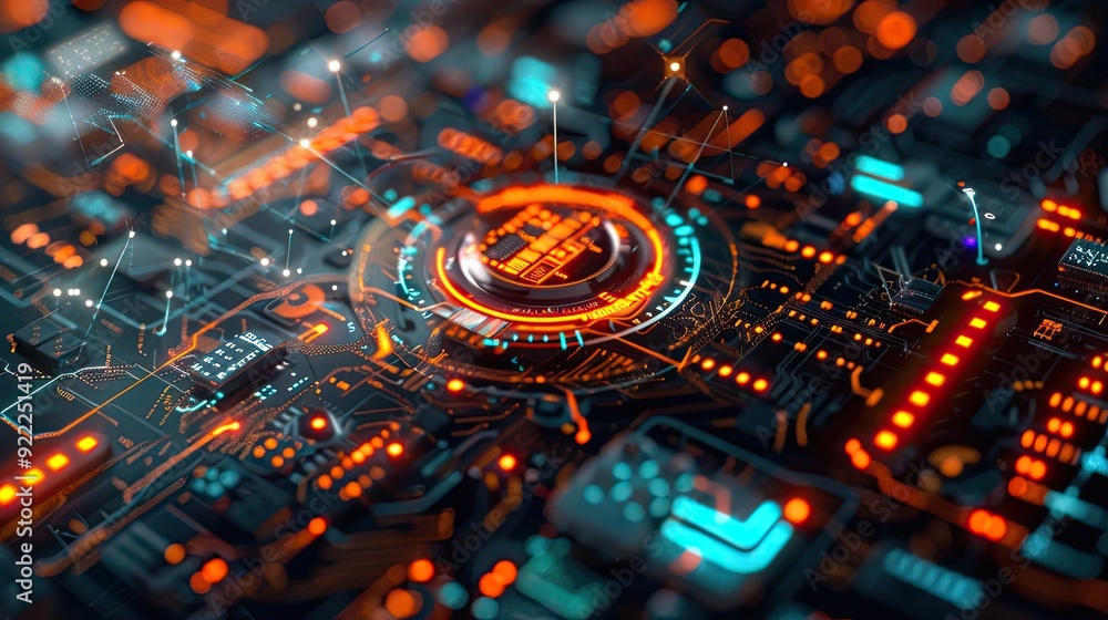 Futuristic technology close-up showcasing intricate circuits with glowing elements in vibrant colors. Futuristic technology close-up showcasing intricate circuits with glowing elements in vibrant colors.