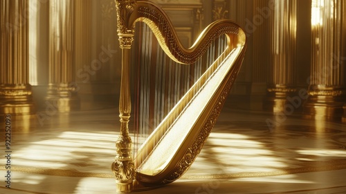 A golden harp in a classical music hall, highlighting its beauty and craftsmanship. Ideal for musical and cultural themes. photo