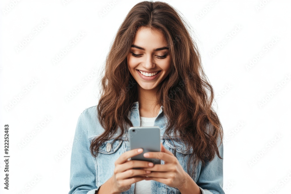 Young woman smiling while using a smartphone wearing a casual denim jacket. She exudes happiness and connectivity. Generated AI Young woman smiling while using a smartphone wearing a casual denim jacket. She exudes happiness and connectivity. Generated AI