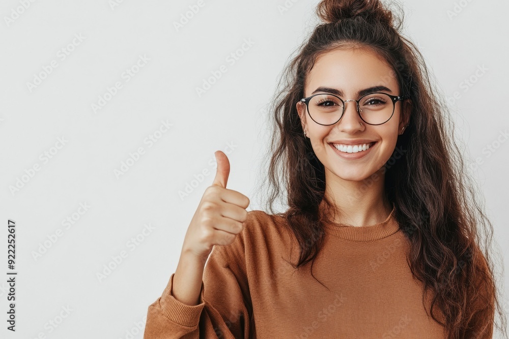 Happy young woman with long hair and glasses giving a thumbs up gesture, wearing a casual sweater. Generated AI Happy young woman with long hair and glasses giving a thumbs up gesture, wearing a casual sweater. Generated AI