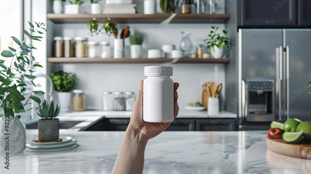A hand holds up a white pill bottle in a modern kitchen. The bottle is blank, making it perfect for your own label or design. A hand holds up a white pill bottle in a modern kitchen. The bottle is blank, making it perfect for your own label or design.