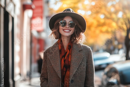 A fashionable woman wearing a hat and sunglasses smiles outdoors on a sunny autumn day. Generated AI