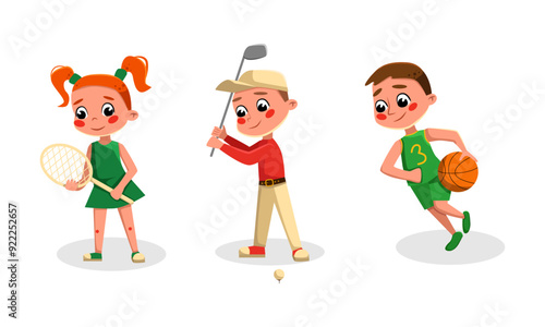Cute kids doing sports set. Girl and boy playing tennis, golf and basketball cartoon vector illustration