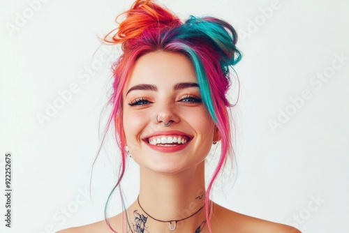 A vibrant young woman with colorful hair and a bright smile, wearing trendy accessories. Generated AI
