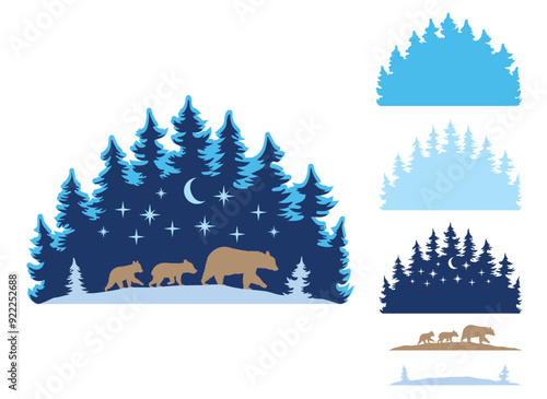 Multilayer Bear Family in Snowy Woods, Christmas Scene, Hand Drawn Vector Illustration