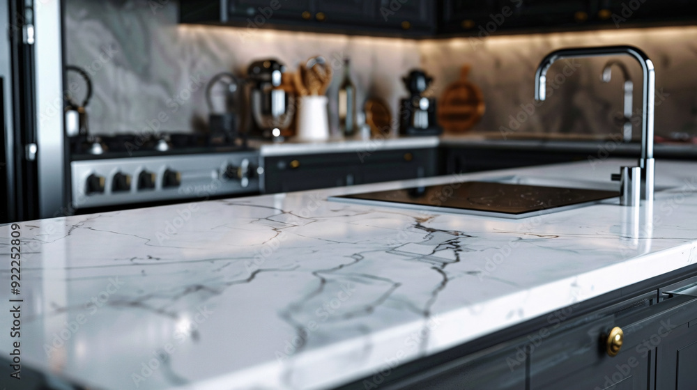 A sleek modern kitchen with a white marble countertop and a black and chrome faucet. A sleek modern kitchen with a white marble countertop and a black and chrome faucet.