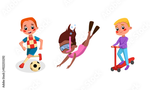 Cute kids doing sports set. Girl and boy playing soccer, swimming underwater and riding kick scooter cartoon vector illustration