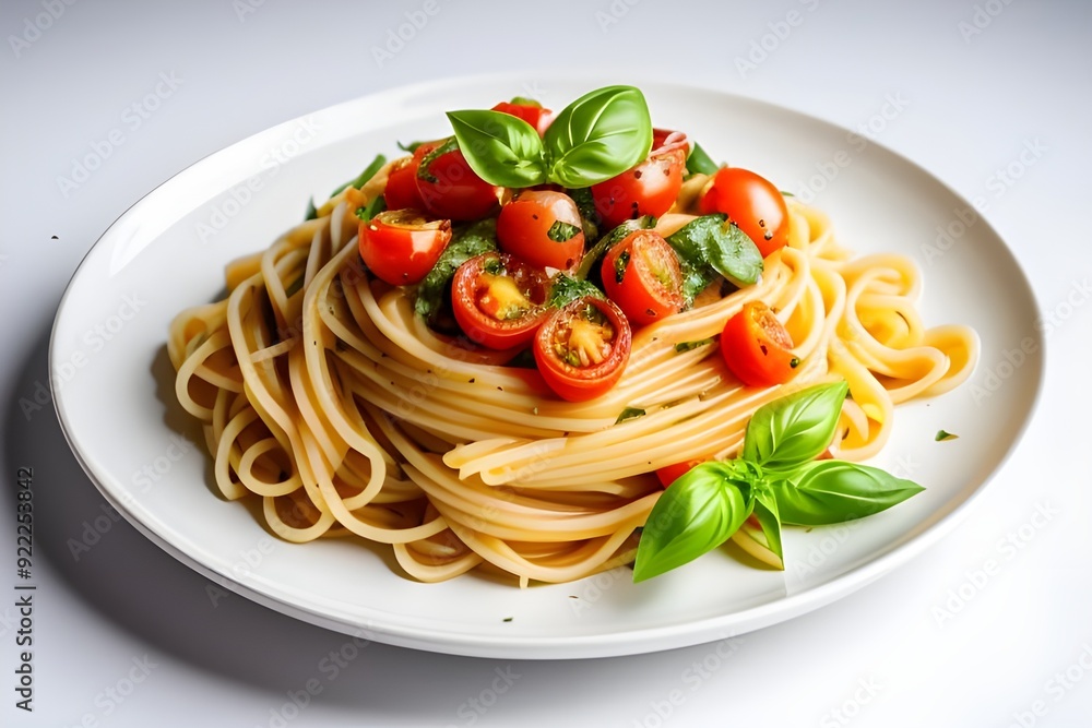 silver fork with pasta, tomatoes sauce and basil leaf isolated on white background silver fork with pasta, tomatoes sauce and basil leaf isolated on white background