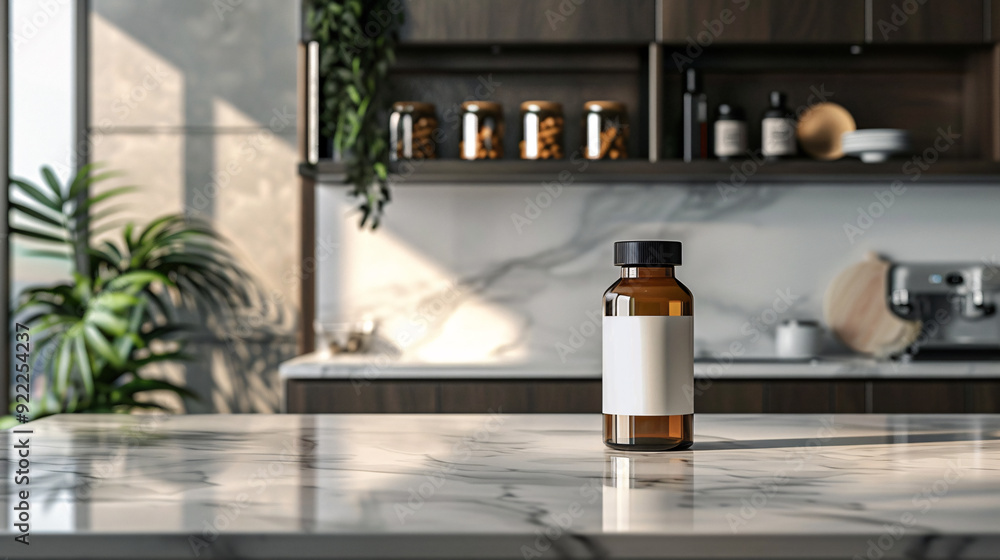 A glass bottle with a white label sits on a white marble countertop in a modern kitchen. The bottle is in focus, while the background is blurred. A glass bottle with a white label sits on a white marble countertop in a modern kitchen. The bottle is in focus, while the background is blurred.