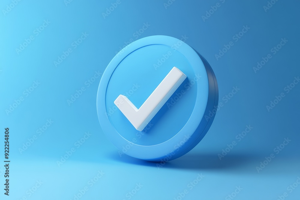 A sleek 3D representation of a blue check mark with a white tick, symbolizing approval, verification, and success against a soft blue background A sleek 3D representation of a blue check mark with a white tick, symbolizing approval, verification, and success against a soft blue background