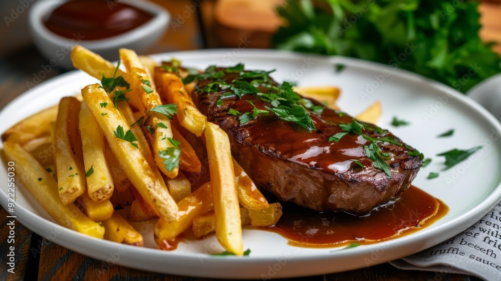 Close-up of steak and french fries. Close-up of steak and french fries.