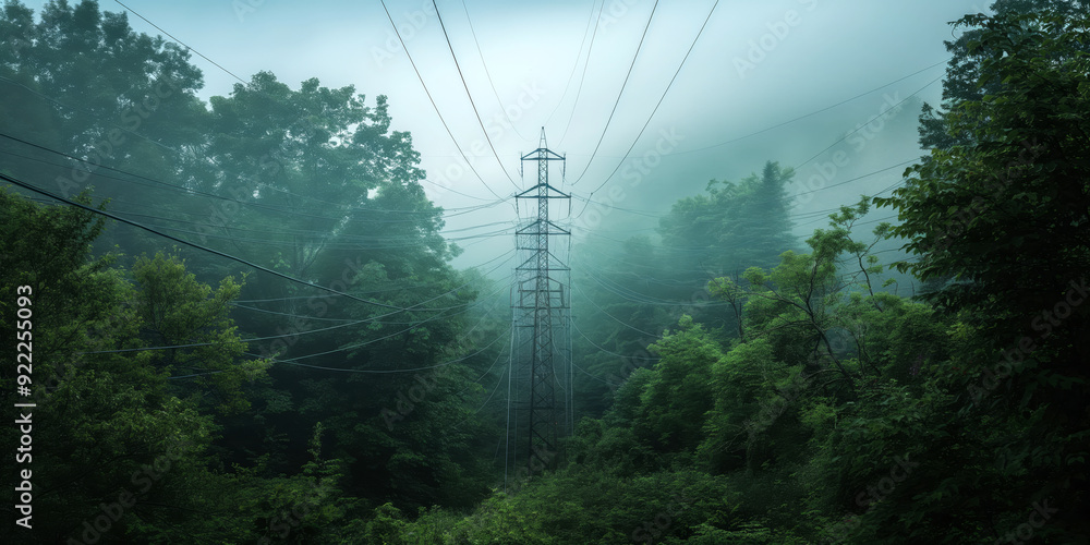 Obraz premium Minimalistic photo of high voltage power lines seen through a dense forest.
