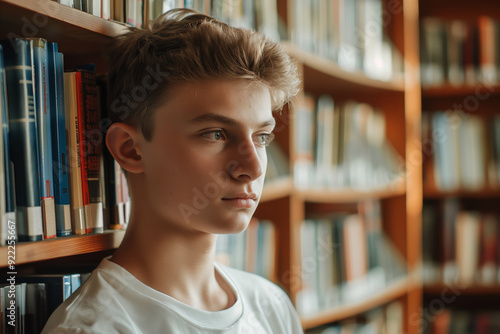 Thoughtful Teenage Boy in Library Contemplative Student Among Bookshelves