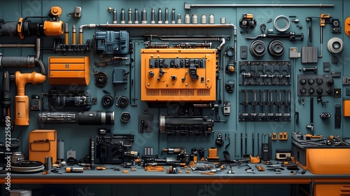 Meticulously Organized Automotive Repair Workshop with Expertly Dismantled Engine Components