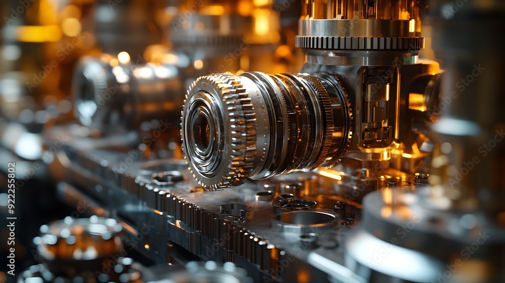 Naklejka premium Detailed Mechanical Engine Components in Workshop Setting