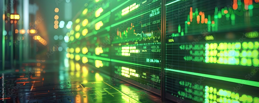 Vibrant digital stock market data display showcasing graphs, trends, and financial information with glowing green indicators. Vibrant digital stock market data display showcasing graphs, trends, and financial information with glowing green indicators.