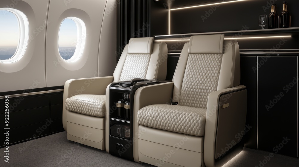 Fototapeta premium Sleek private jet cabin featuring creamy leather seats, sleek black accents, and a minibar, embodying ultimate luxury in the skies