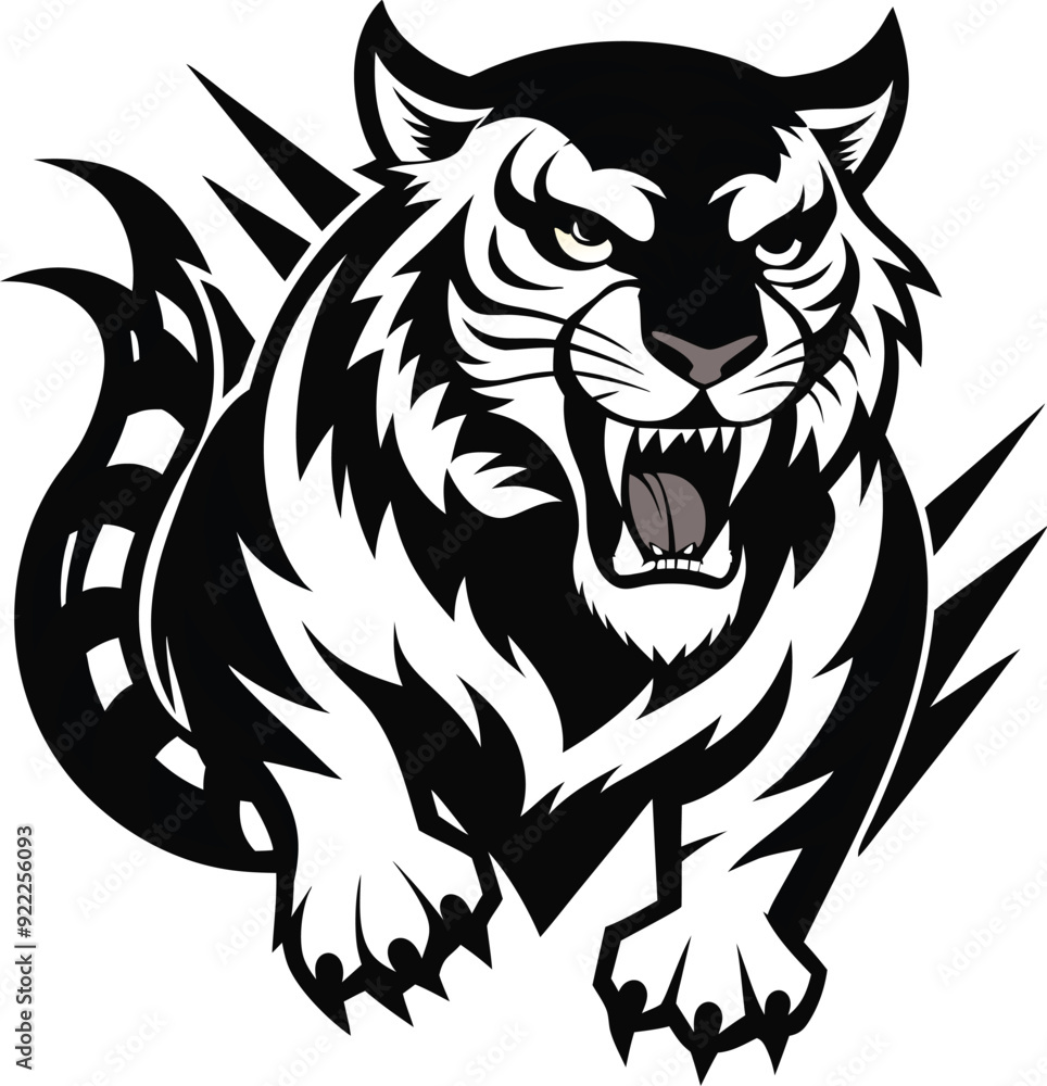 Fototapeta premium Fierce and powerful, this dynamic black vector silhouette of an angry tiger is perfect for graphic design projects.